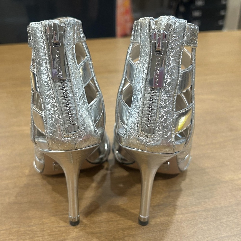 Michael Kors Sandals Womens Size 5 Silver Leather Strappy Caged Stiletto Heels - Picture 2 of 7